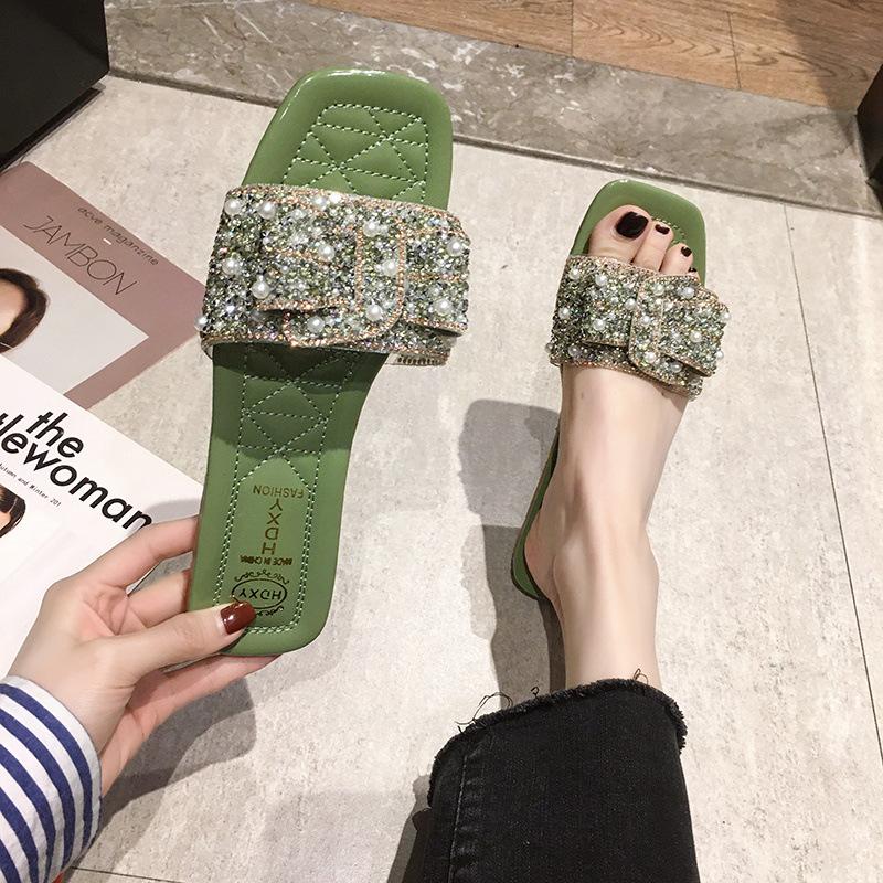 Fashion Rhinestone Flat Sandals Ladies New Low Heel Summer Slippers Elegant Fashion Luxury Women Sandals Outdoor Non-slip Casual Sandals
