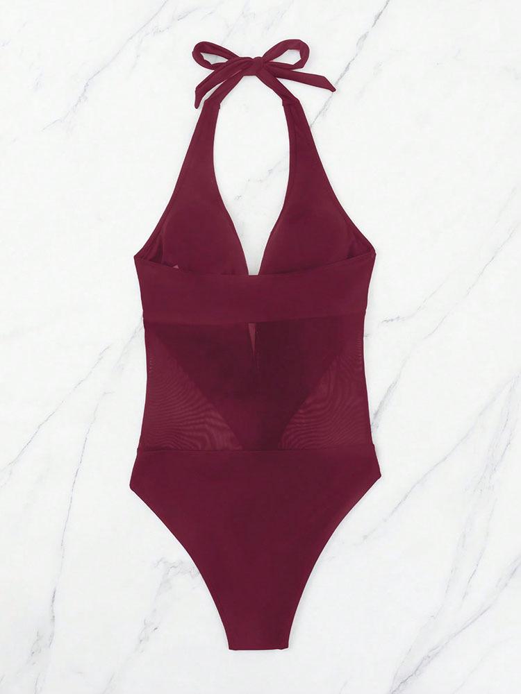 Halter Tie Sexy One-Piece Solid Mesh Swimwear for Women