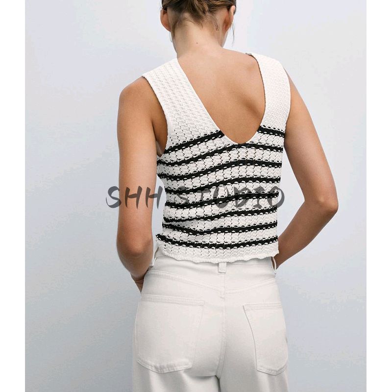 MD Women's Spring Clothing Classic Style Seaside Vacation Style Flower V Neck Knitting Spaghetti Straps Sleeveless T-shirt 5703531