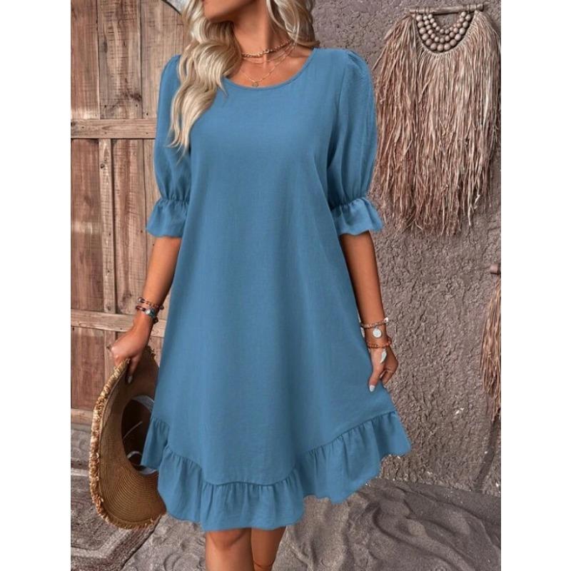 Women's Vintage Cotton Linen Mid Sleeve Solid Colour Loose Round Neck Dresses