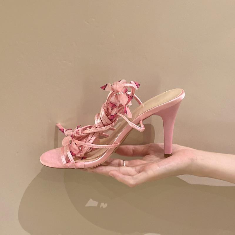 Fashion Summer New Stiletto Sandals Women Round Head Open Toe Butterfly Knot Thin Strap Cross Strap Anti-slip Wear-resistant High Heels