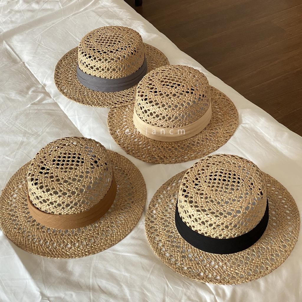 Natural Marillaise Woven Hat Women'S Fashion British Flat Top Top Hat Old Money Wind Seaside Vacation Sunshade Hollow Straw Hat