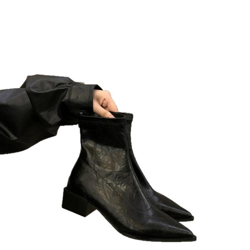 Shoes Pointed High-heeled Short Boots Women's Shoes New Spring and Autumn Single Boots Brown Thin Martin Boots