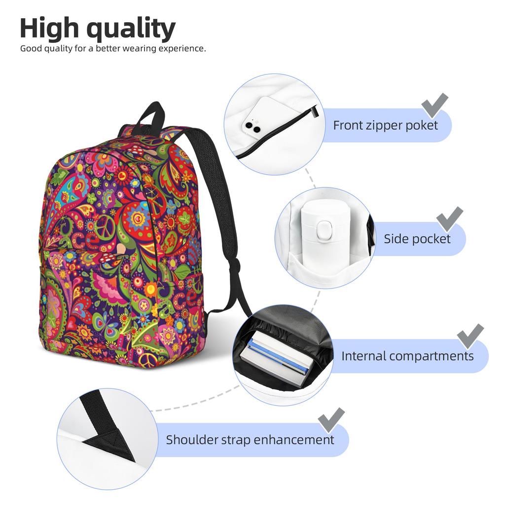 Peace Foral Love Pattern Teenage Backpack Durable Student Hiking Travel  Daypack for Men Women Laptop Shoulder Bag