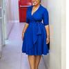 Plus Size Solid Color Tie Waist V Neck Half Sleeve Mid Length Dress