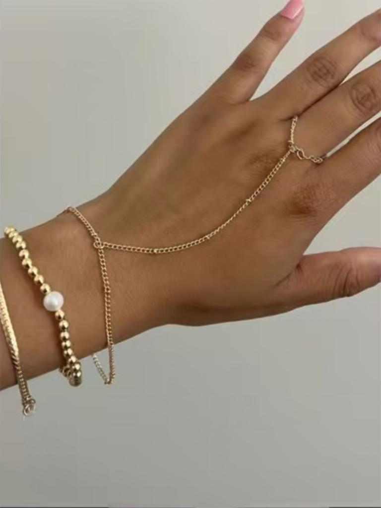 3pcs Minimalist Finger Chain Bracelet Set, Flat Snake Chain & CCB Beads, Suitable For Women Daily, Dating, Party, Music Festival