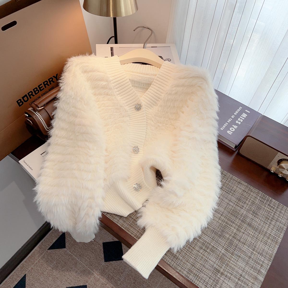 

Женский вязаный кардиган с V-образным вырезом из искусственной норки для осени и зимы One Size