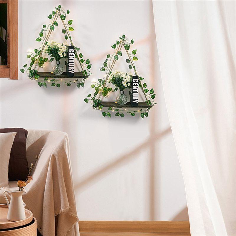 A20F-Simulated Green Plant LED Light Wooden Wall Hanging, Macrame Shelf For Bedroom Living Room Kitchen