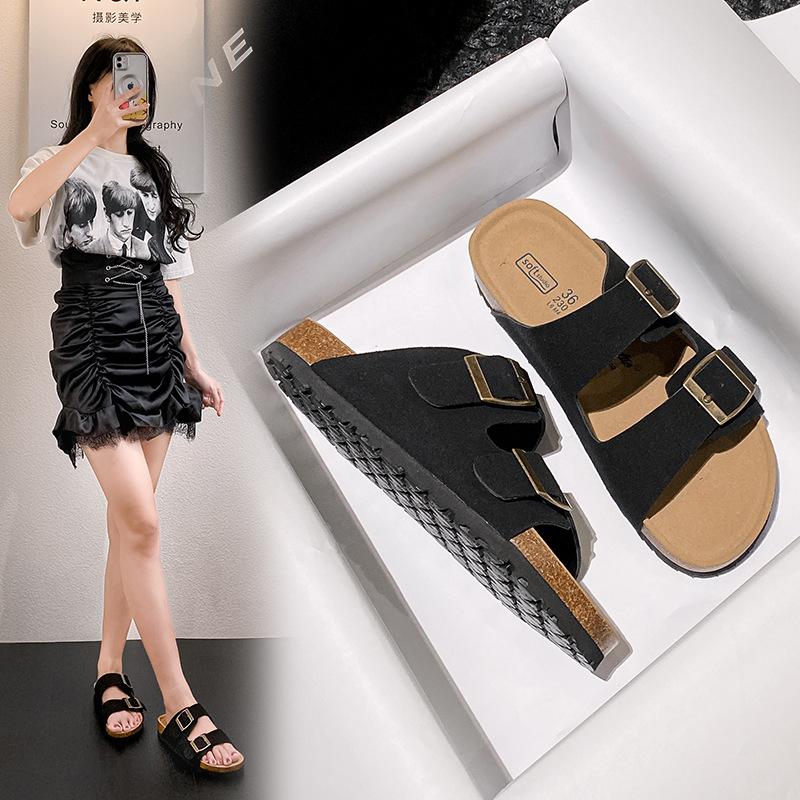 

thick-soled square buckle slippers, women s cow velvet beach shoes, non-slip outer wear, flat-soled sandals, cool slippers. 43 чорний