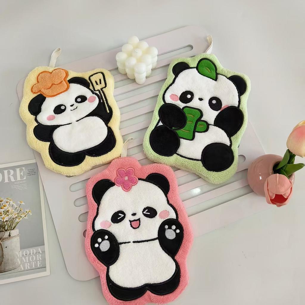 Double-layer thickened children's cute cartoon panda hanging hand towel absorbent quick-drying hand cloth bathroom kitchen