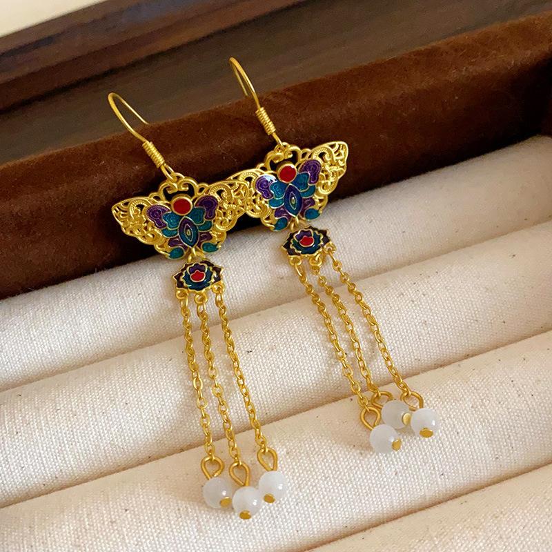 Ethnic style flower fringed earrings niche and versatile Chinese style earrings temperament light luxury high-end earrings women