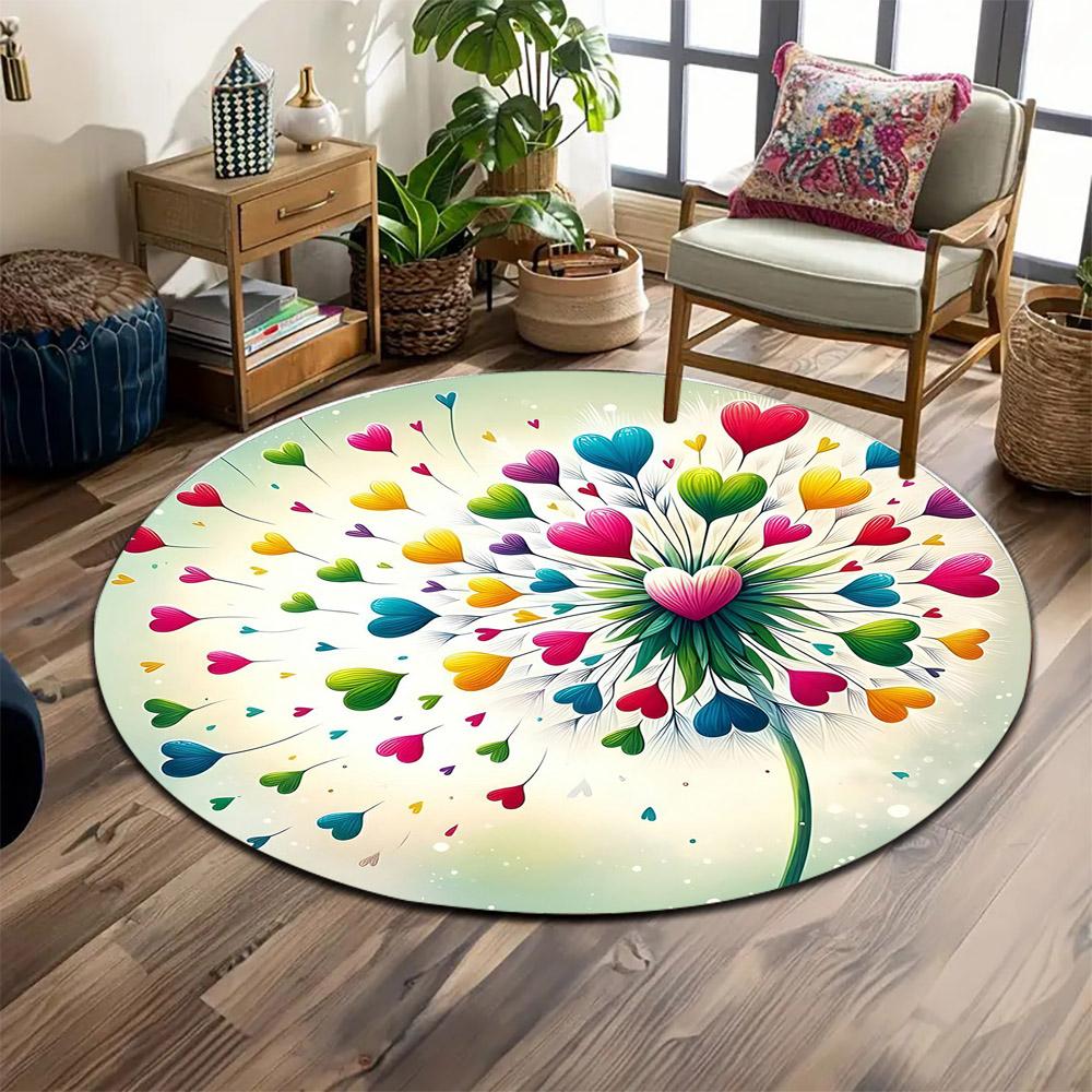 Colorful Heart Dandelion Design Print round rug, living room, bedroom, playroom carpet, non slip floor mat, gift