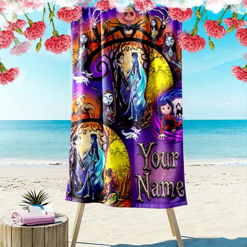 Name Custom Cartoon Coraline Print Beach Towel, Large Soft Quick Dry Towel for Beach Camping Swimming