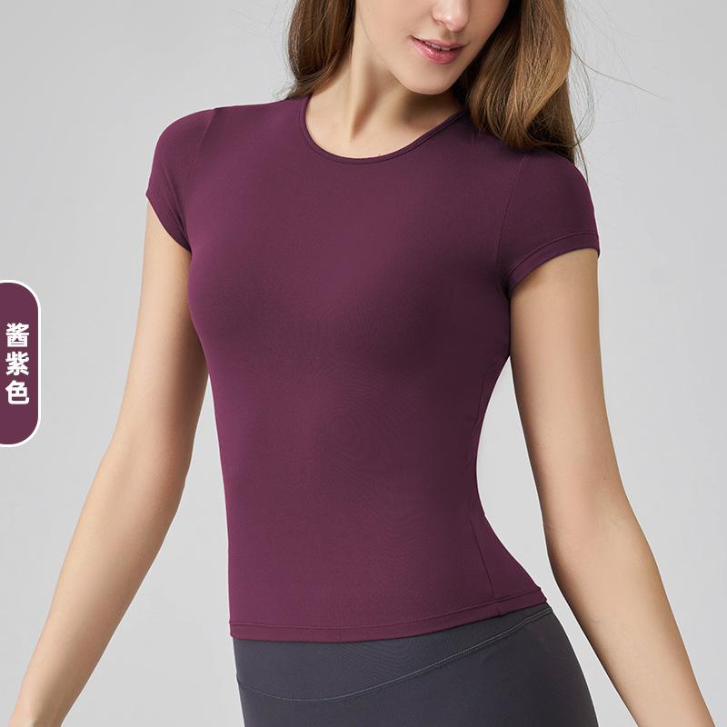 Summer nude round neck thin yoga clothes top tight waist outdoor breathable high elastic fitness sports short sleeves women