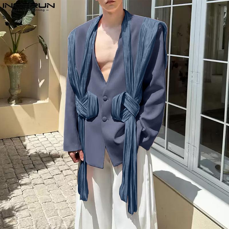 INCERUN Men V Neck Long Sleeve Glitter Ruffled Patchwork Thin Loose Party Blazer Coats