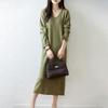 Women's V-Neck Pure Wool Knit Sweater Dress - Mid-Length, Loose Fit for Autumn & Winter