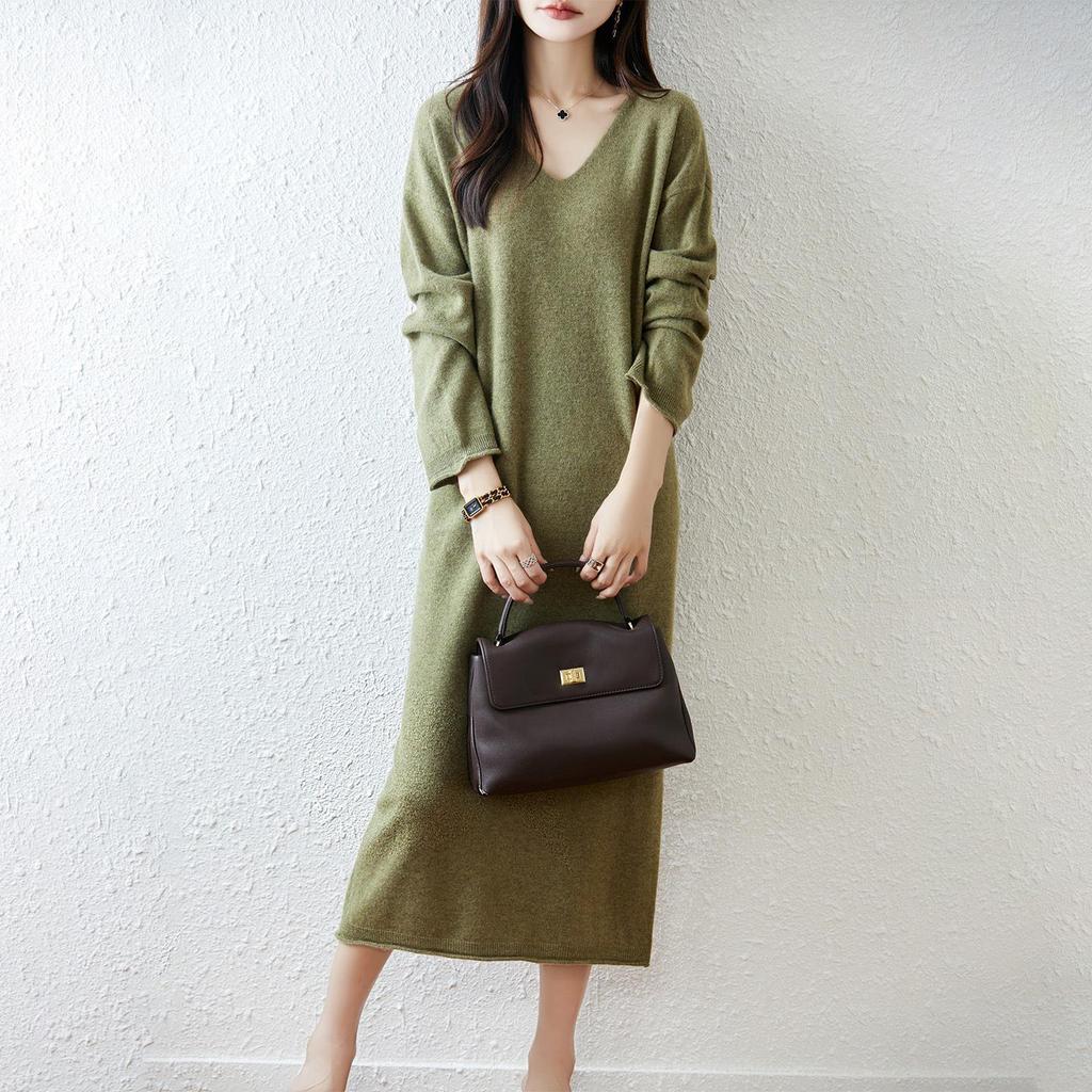 Women's V-Neck Pure Wool Knit Sweater Dress - Mid-Length, Loose Fit for Autumn & Winter