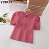 VONDA Women Summer Round Neck Puff Short Sleeve Blouses