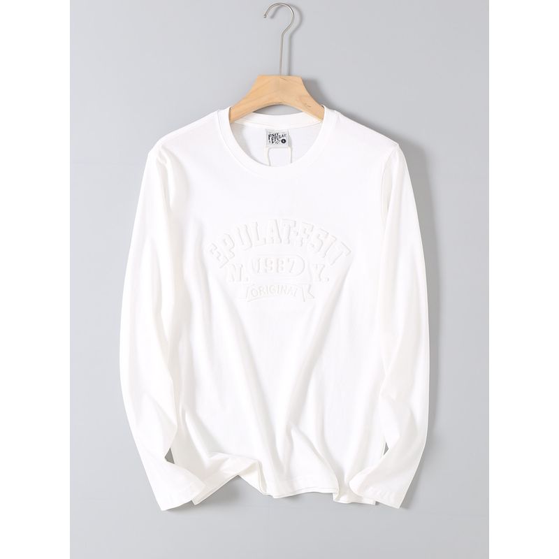 Foreign Trade Surplus Cotton Washed 3D Embossed Printed Long-Sleeve T-Shirt for Men, Autumn Round Neck Casual Base Shirt