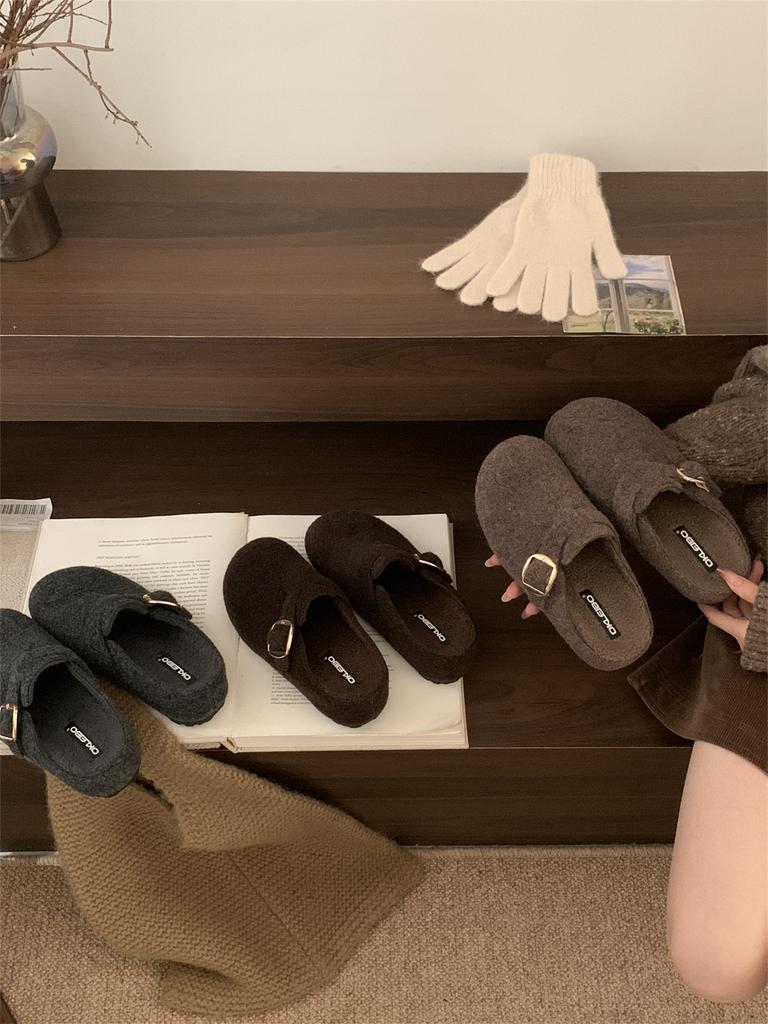 Inner Height Increase Gray Fluffy Shoes Women Wear New Thick-soled Birkenstocks with Velvet Bag Head and Half-drag Cotton Shoes In Autumn and Winter