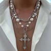 2pc Elegant Crosses Pearls Necklace Versatile Crosses Pendant Pearls Necklace Jewelry for Faithful Fashionistas