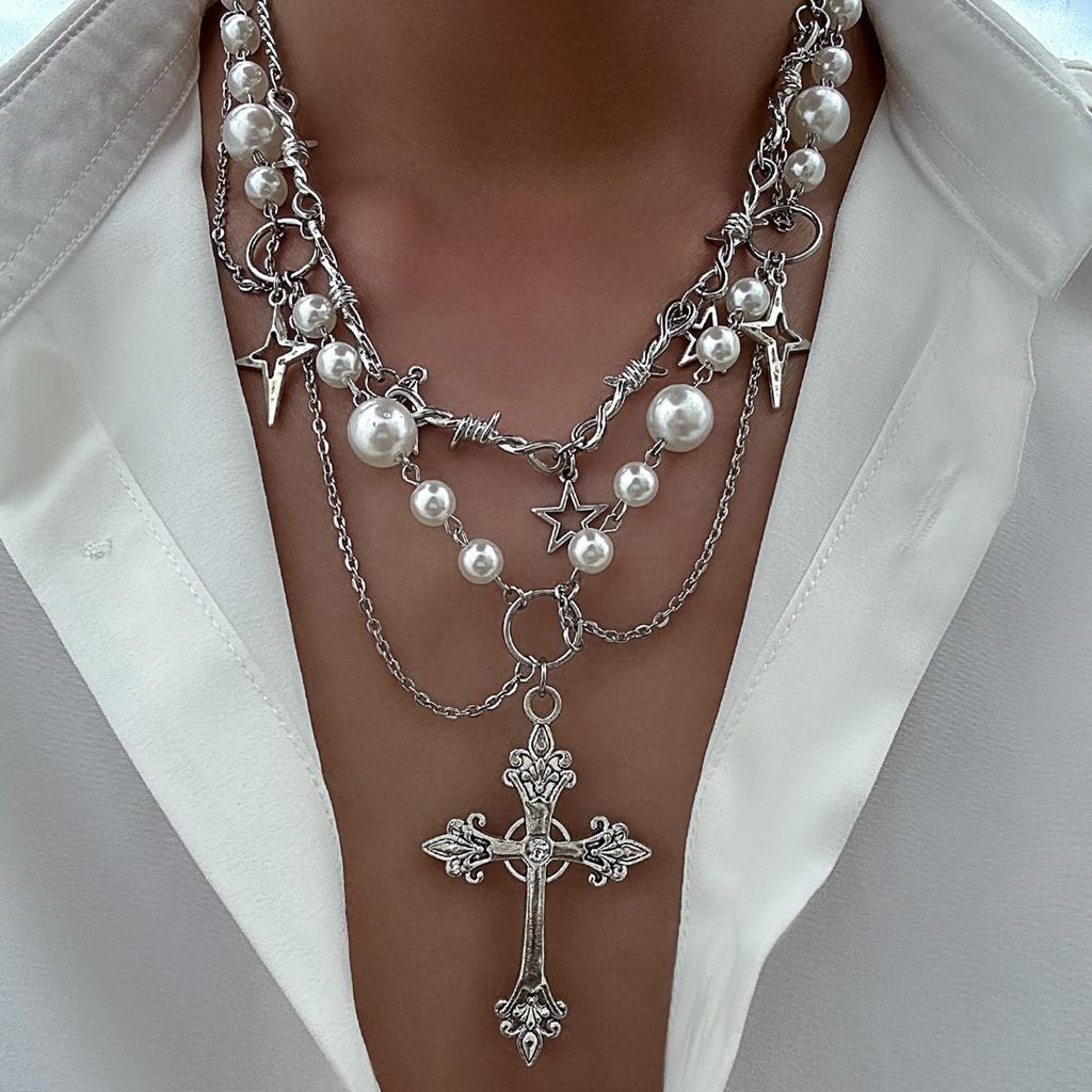2pc Elegant Crosses Pearls Necklace Versatile Crosses Pendant Pearls Necklace Jewelry for Faithful Fashionistas