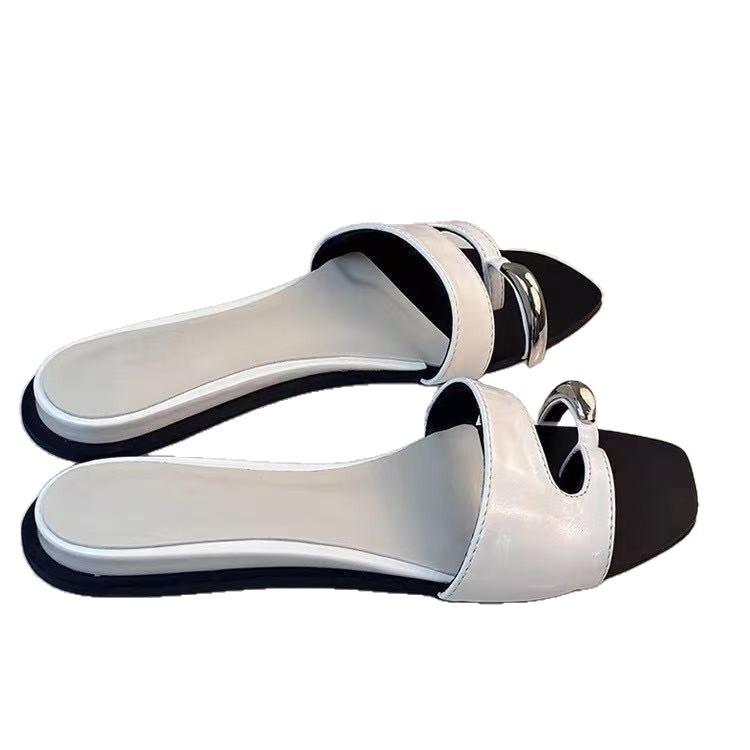 Cowhide version niche sub-toe square head flat bottom one-word slippers women wear new metal sandals