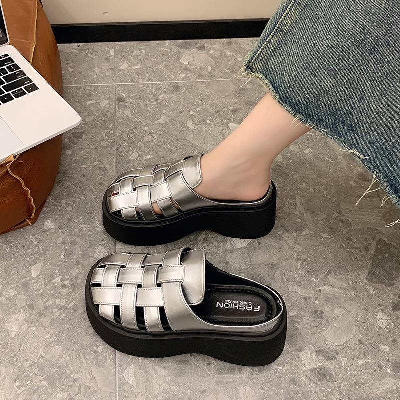 French woven baotou half slippers women's shoes spring and summer 2025 new muffin thick-soled hollowed-out versatile Roman sandals