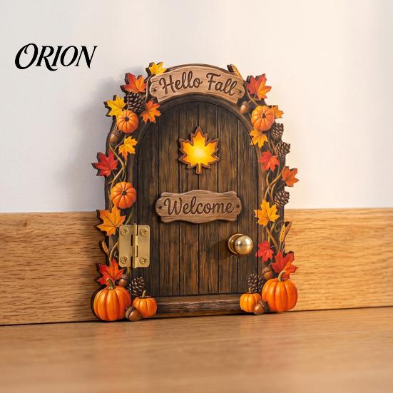 Autumn Theme Fairy Tale Ornaments Elf Wooden Door Halloween Decor, 2D Mouse Miniature Wall Waterproof Fall Home Decorations Hanging, Rustic