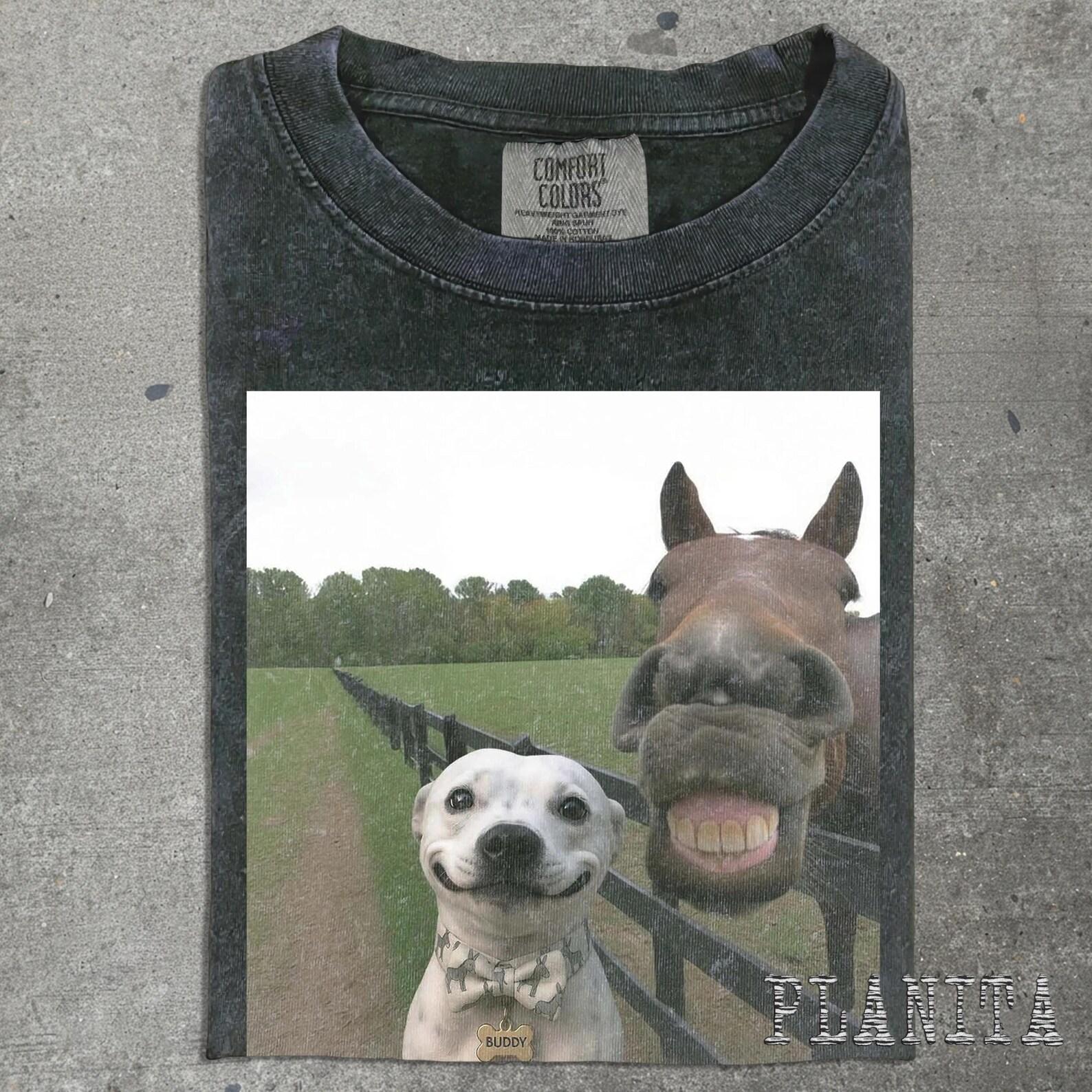 Smiling Horse and Dog Photo T-shirt | Funny Animal Selfie Tee 3XL