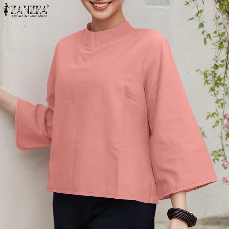 ZANZEA Women Stand Collar Loose Casual Long Sleeve Blouse
