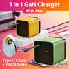65W 3 In 1 Retractable Fast Charger Type C Cable 2 USB Ports Wall Plug for iPhone Laptops Multi-Device Fast Charger