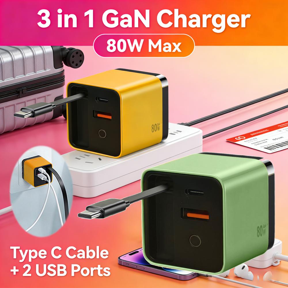 65W 3 In 1 Retractable Fast Charger Type C Cable 2 USB Ports Wall Plug for iPhone Laptops Multi-Device Fast Charger