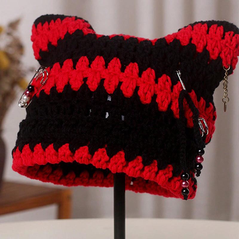 Neutral Hand Crocheted Knitted Pullover Hat with Detachable Metal Pin Tassel Y2K Street Fashion Hip Hop Hollowed Punk Style