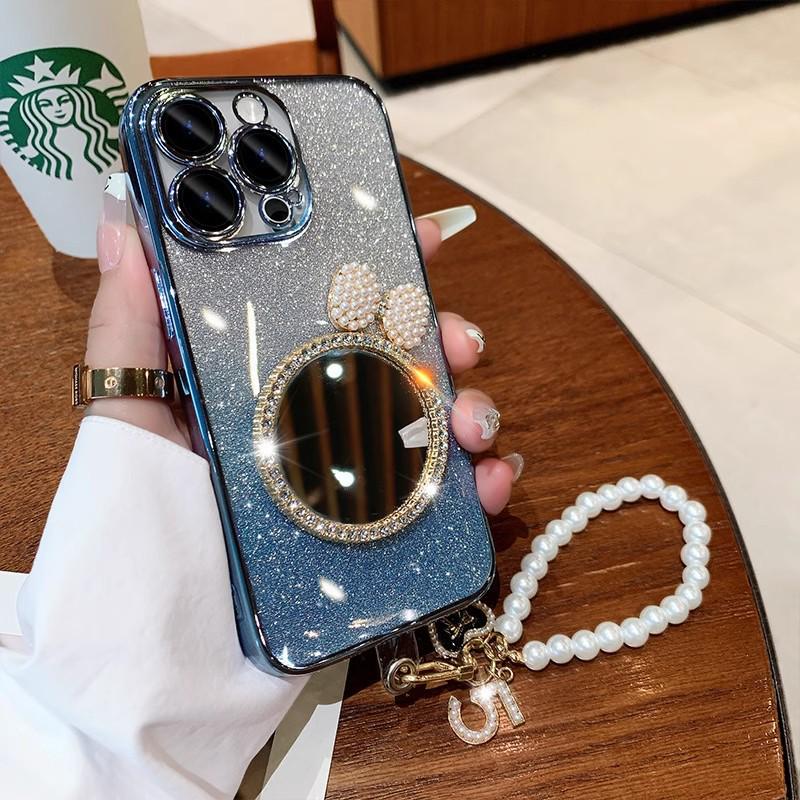 Apple 17 Glitter Diamond Mirror Phone Case with Pearl Bracelet for iPhone 16 Pro Max