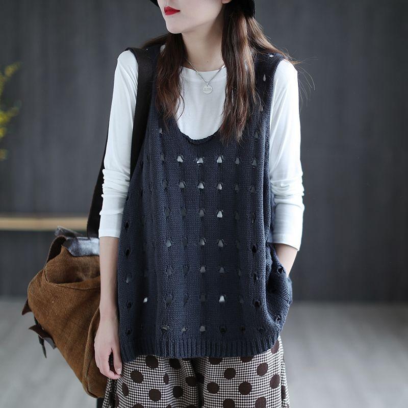 Women's Plus-Size Hollow-Out Knitted Gilet Vest Loose Outer-Wear Casual Sleeveless Cardigan for Spring and Summer