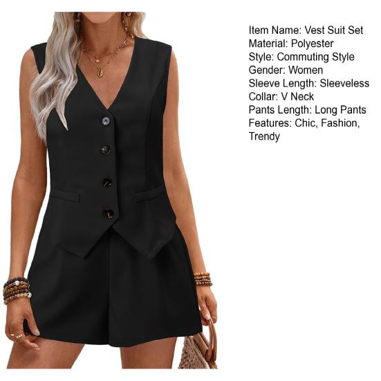 Damen Sommer 2-teilige Outfits Ärmellose Knopfleiste Blazer Weste Shorts Passendes Set Lässiges Büro Business Anzug Sets
