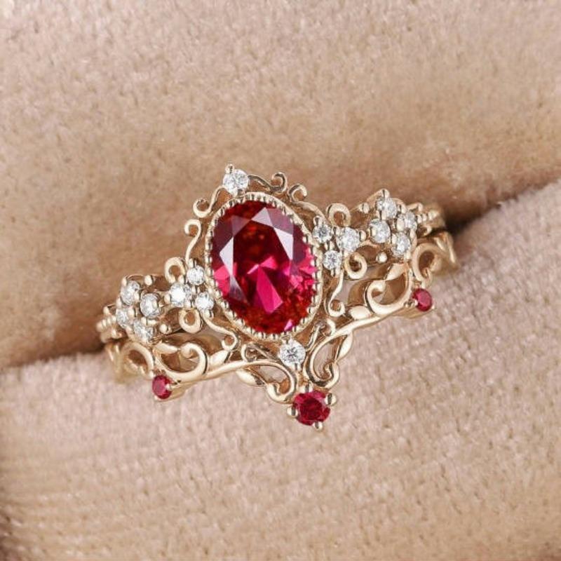 European and American new fashion court style lace shape red zircon inlaid light luxury personality women's ring