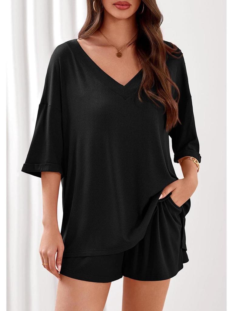 European & American Women's Summer Casual Two-Piece V-Neck Short-Sleeve Top and Shorts Set for Travel and Beachwear 2026