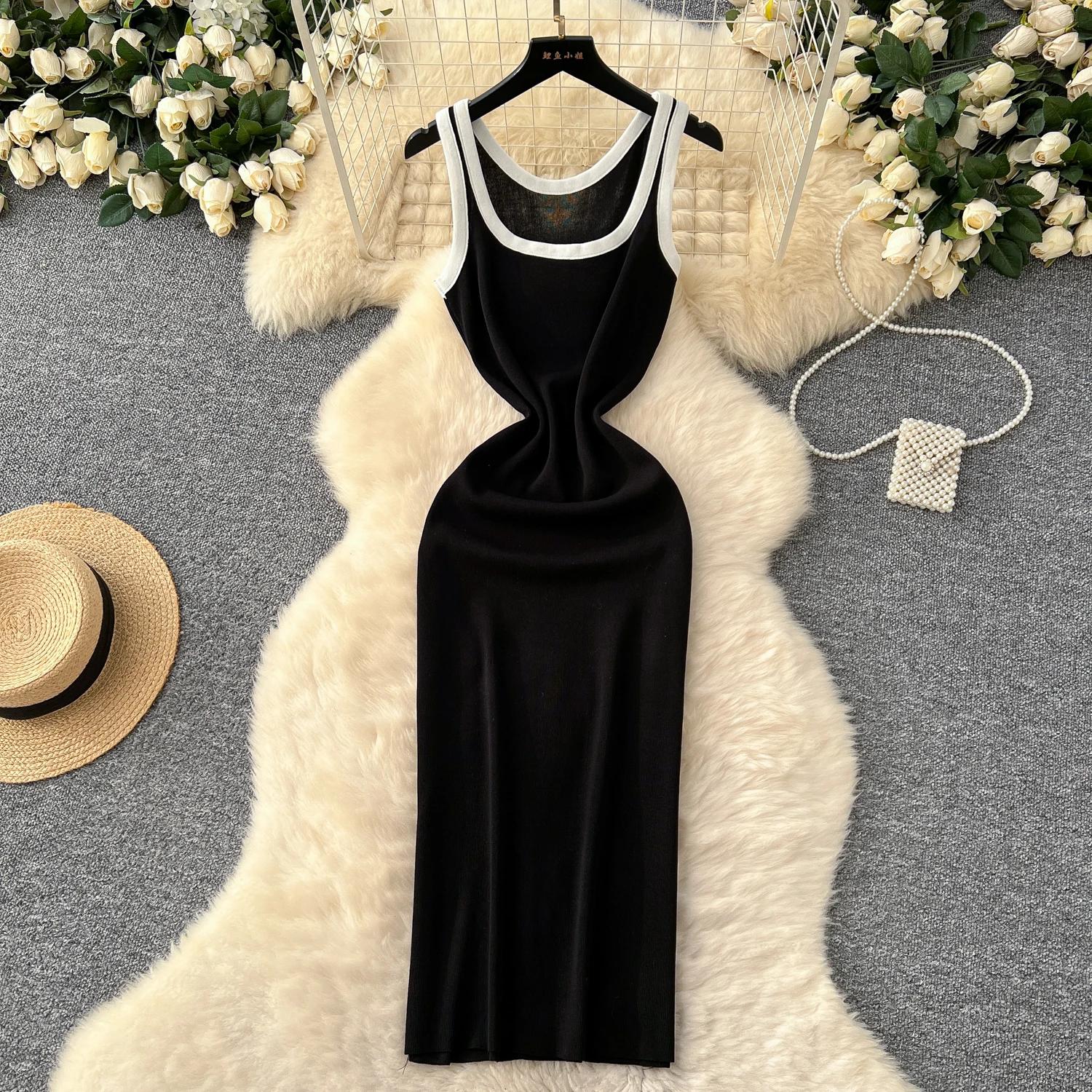 

Элегантный сексуальный квадратный воротник без рукавов шикарный пэчворк винтажный трикотажные тонкие длинные платья корейский High Street женская эластичная одежда One Size чёрный