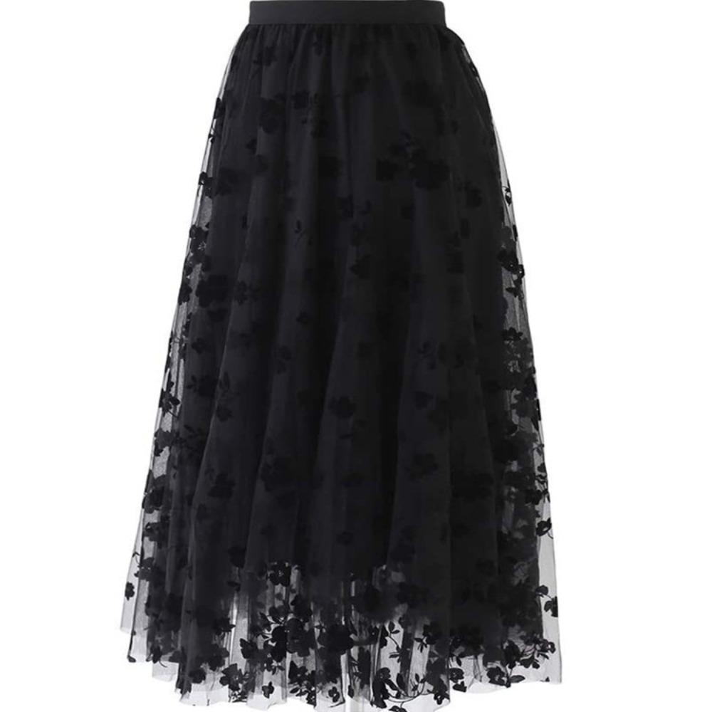 women s Floral Tulle Midi Skirt High Waist A-Line Flowy Long Swing Casual Party Skirts S