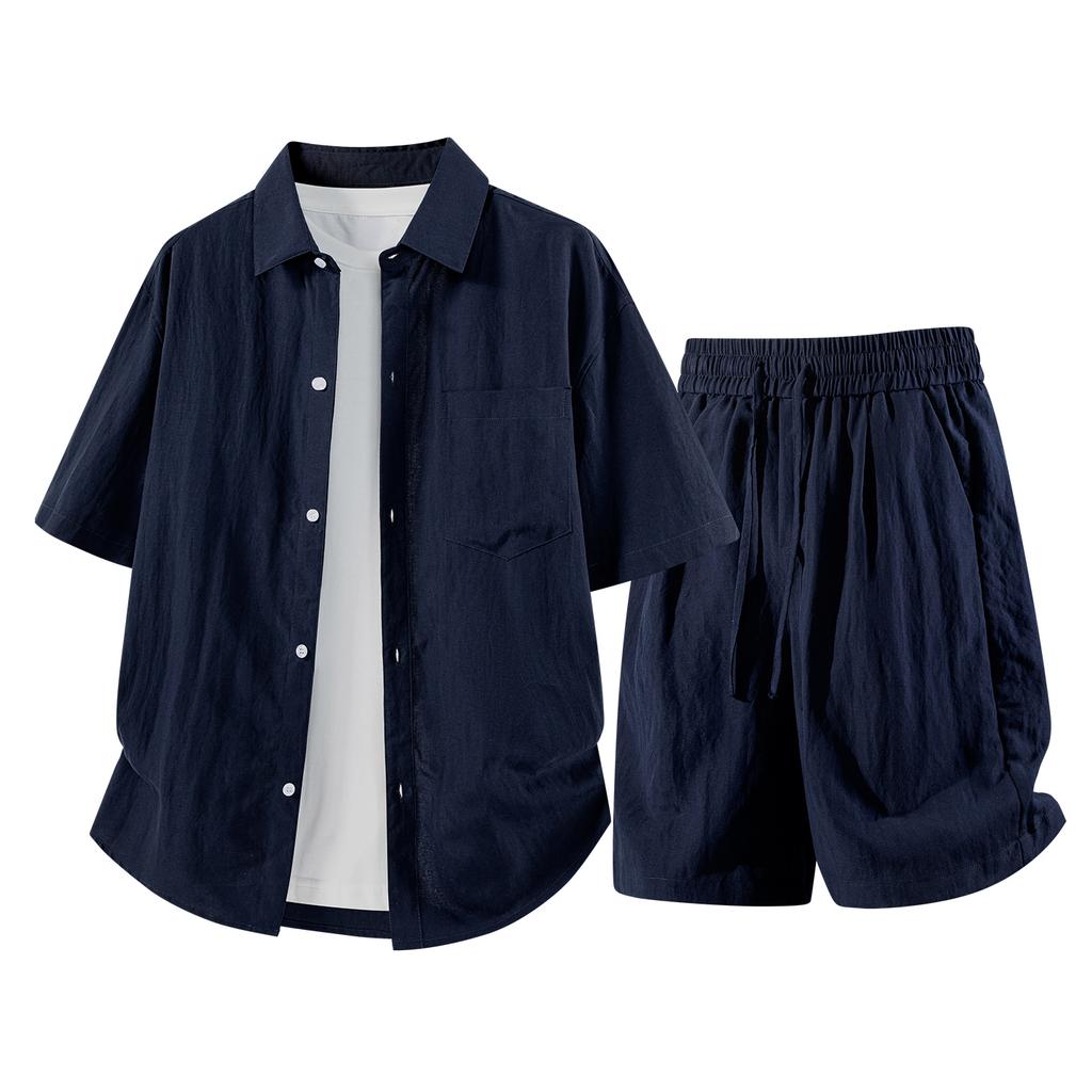 Summer Solid Color Basic Versatile Ice Silk Set Men's Shirt Short Sleeved Set Men's Two-piece Set