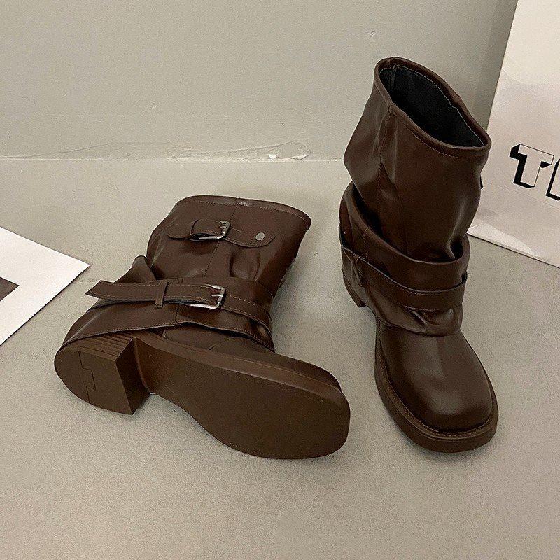 Folded thick heel belt buckle cowboy boots niche knight boots women's short boots retro boots round head trousers western pile