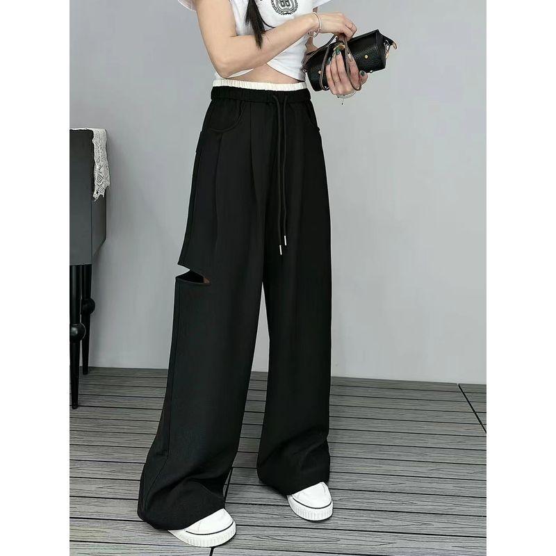 

2025 Spring/Summer New Arrival Straight High Waist Loose Slimming and All-Matching Leisure Ripped Mop Trousers Drape K-style Slimming Black S