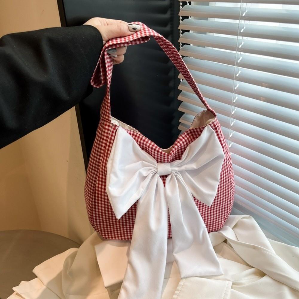 Lattice Plaid Shoulder Bag Cloth Canvas Tote Bag Simple Bow Shoulder Bag  Student