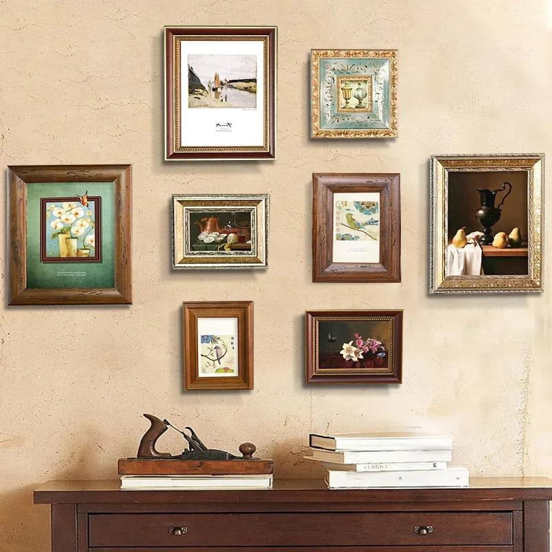 European Solid Wood Wall Hanging Frame Set Room Aesthetics Photo Frame Living Room Background Photo Frames Vintage Home Decor