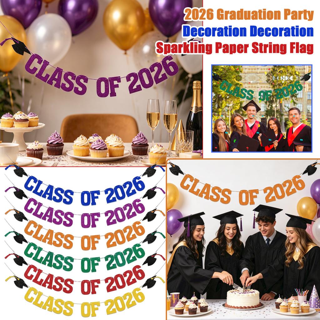 2026 Graduation Party Decoration Decoration Sparkling String Flag Hat Pulling Flower