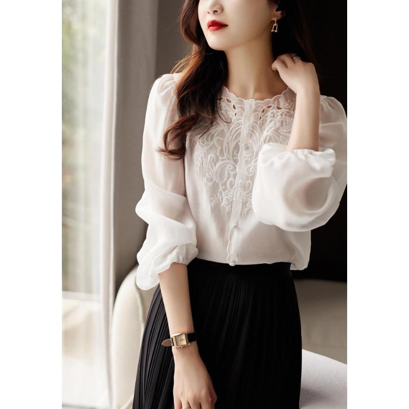 Round Neck Long Sleeve Shirt Lantern Sleeve Small Top Women's Lace Shirt Spring