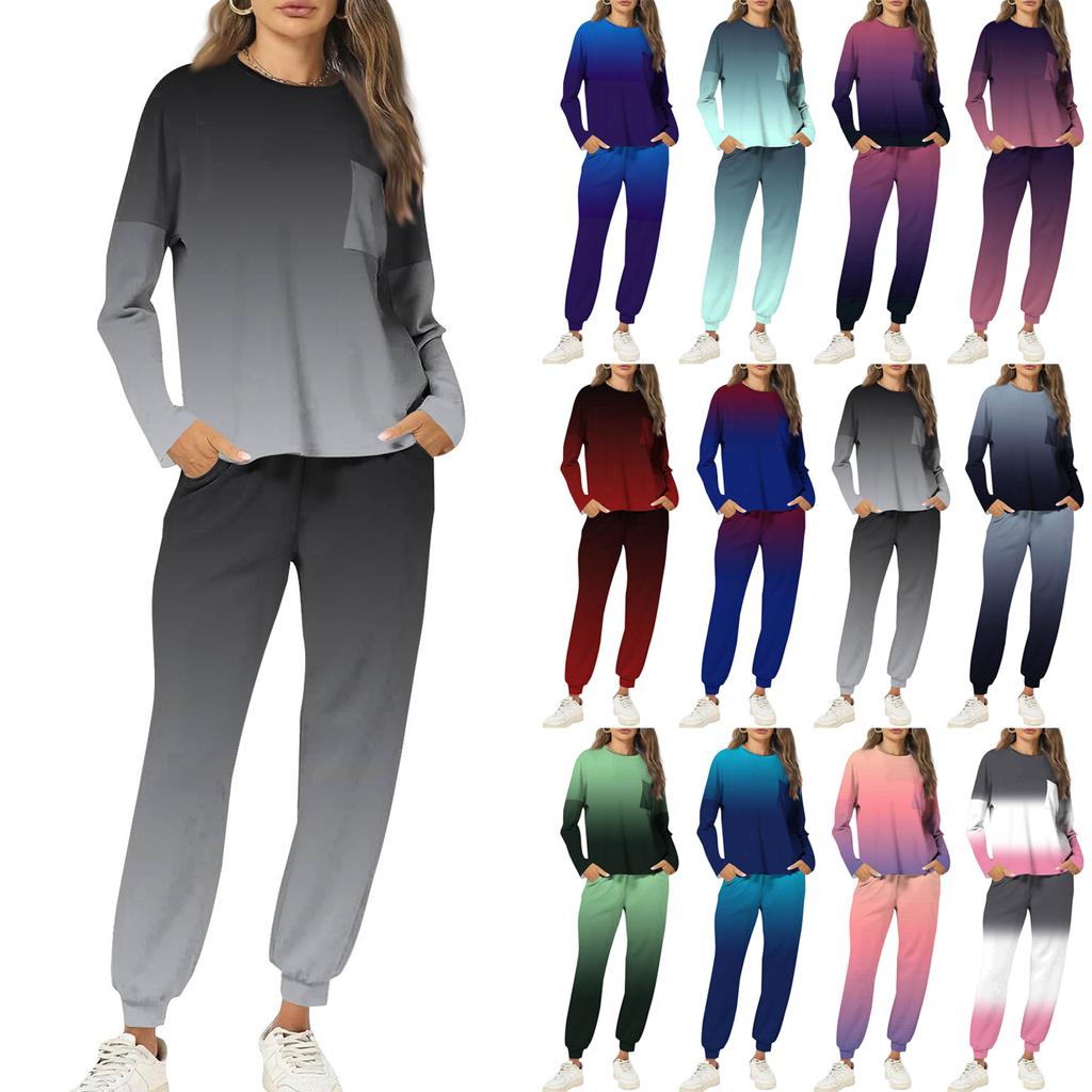 Sets für Damen 2-teilig Rundhals Langarmshirts Bedruckte Jogginghosen Taschensets