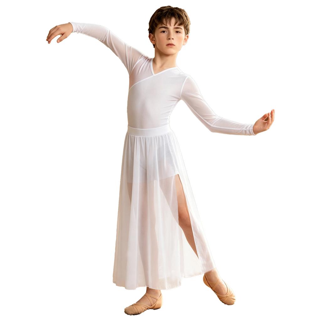 Boys Lyrical Dance Outfit Long Sleeve V-neck Back Invisible Zipper Bosyduit with Split Mesh Pants